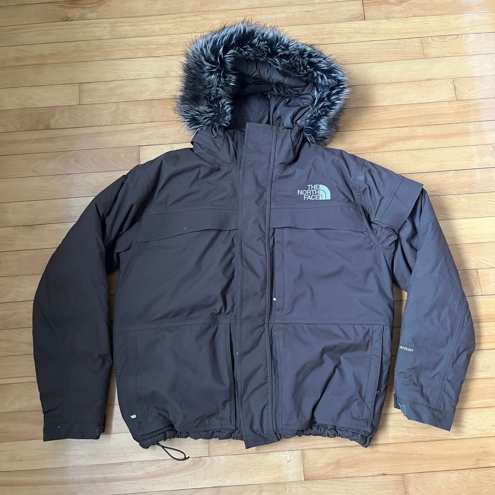 The North Face HyVent Brown Faux Fur Hooded Parka Mens Large Winter Jacket Coat